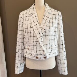 Tommy Hilfiger White Tweed with Black & Gold Cropped Suit Jacket Top, Size 12